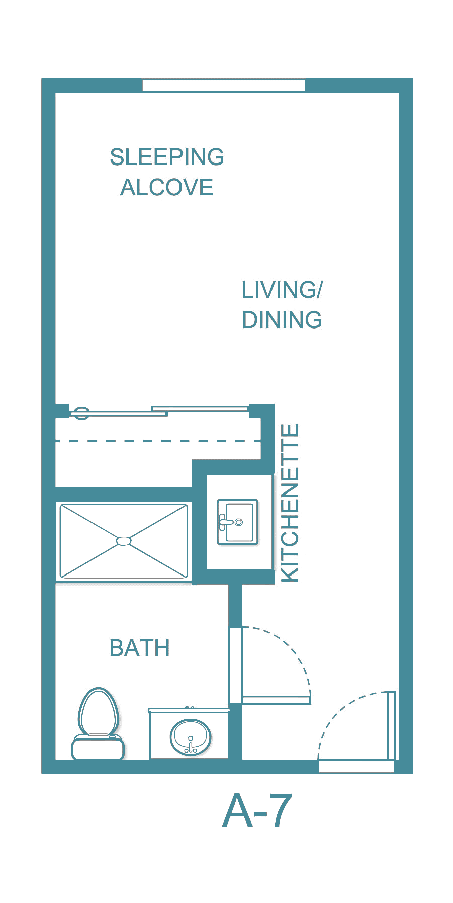 Studio apartment floor plan with living/dining area, kitchenette, and bathroom.
