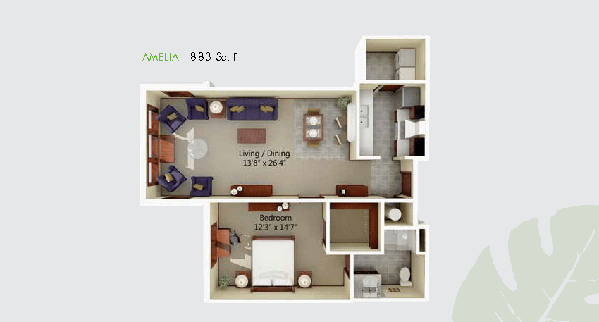 A detailed floor plan of a one-bedroom apartment with a living and dining area, kitchen, and bathroom.
