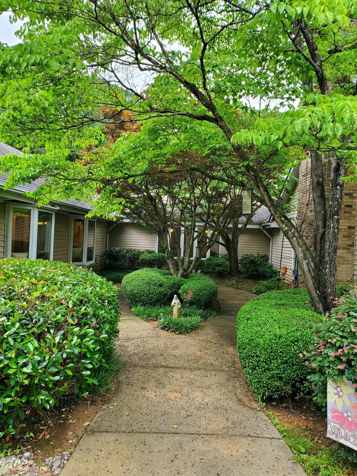 A serene courtyard with lush greenery and a winding pathway.