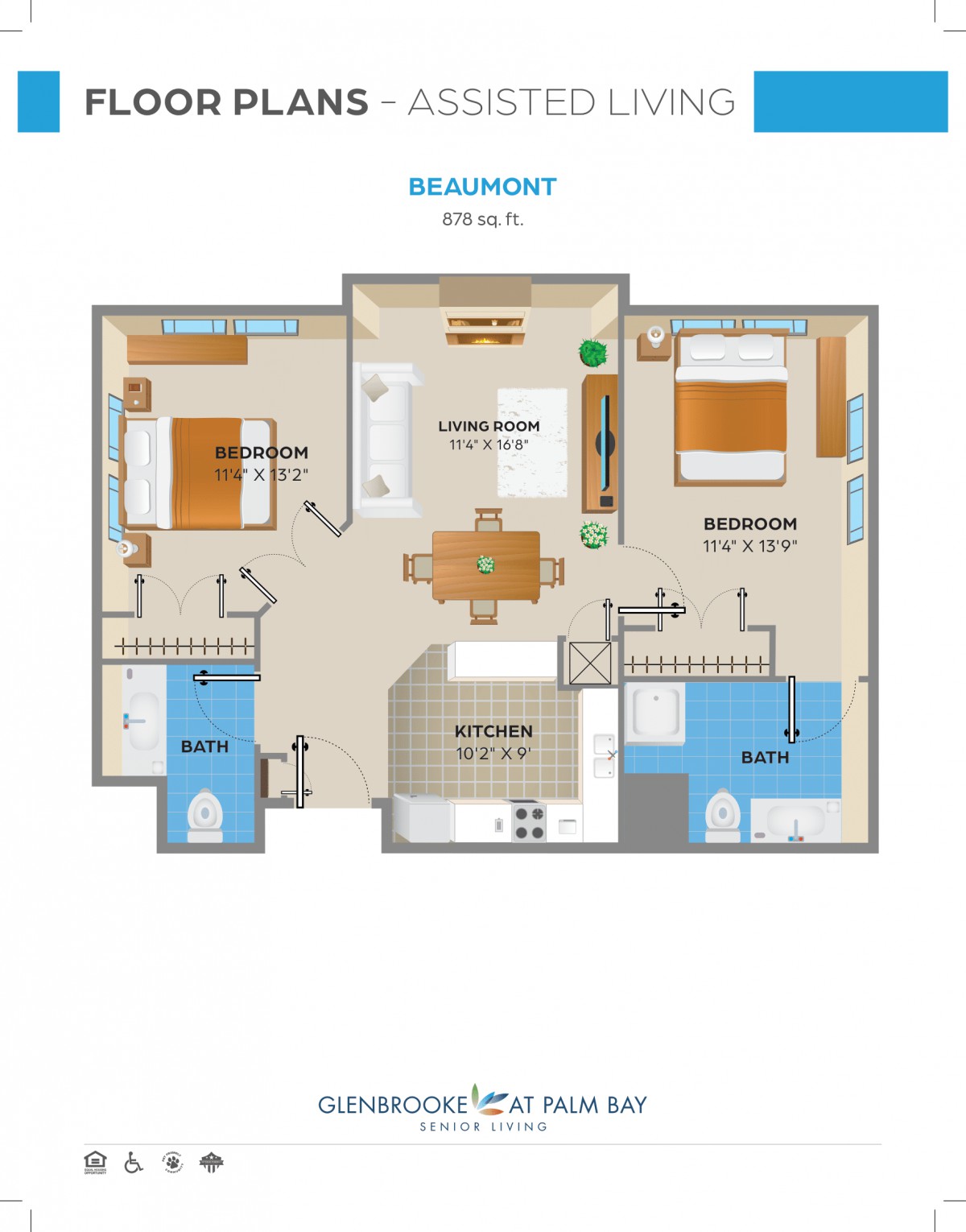A floor plan of a two-bedroom apartment with labeled rooms and furniture placement.
