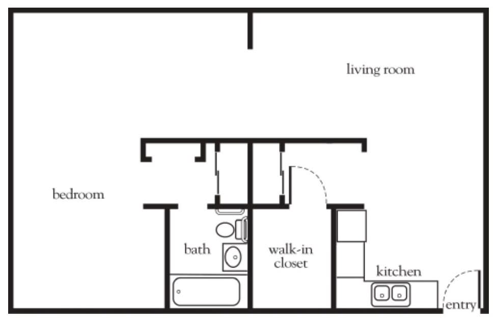 A simple floor plan of an apartment featuring a living room, kitchen, bathroom, bedroom, and walk-in closet.