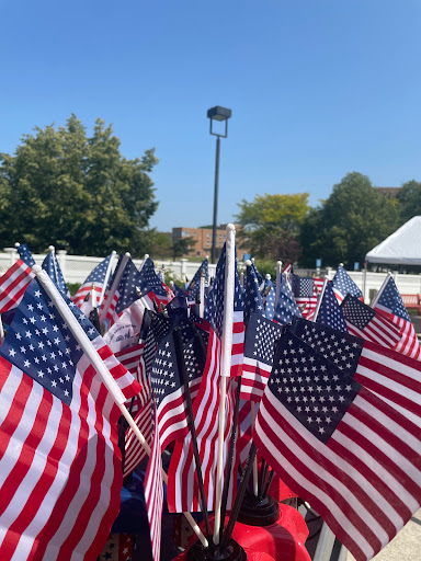 A field of American flags waving under a clear blue sky.