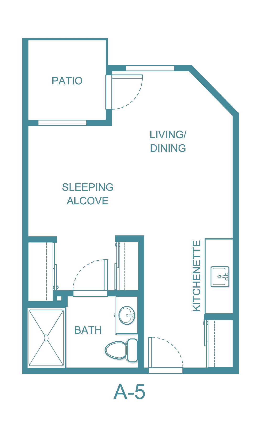 Studio apartment floor plan with sleeping alcove, kitchenette, and bath.