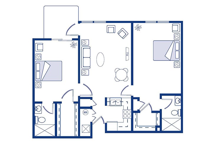 A detailed floor plan of a residential apartment, illustrating the layout of rooms and furniture.