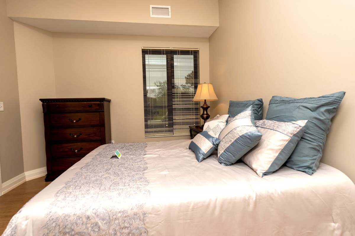 A cozy bedroom with a neatly made bed, decorative pillows, and a bedside lamp.