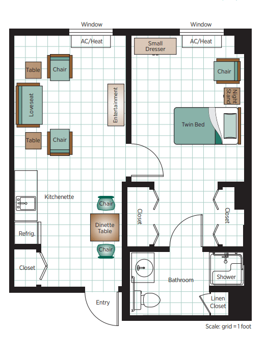 This image shows a detailed floor plan of an apartment, featuring a bedroom, living area, kitchen, and bathroom.