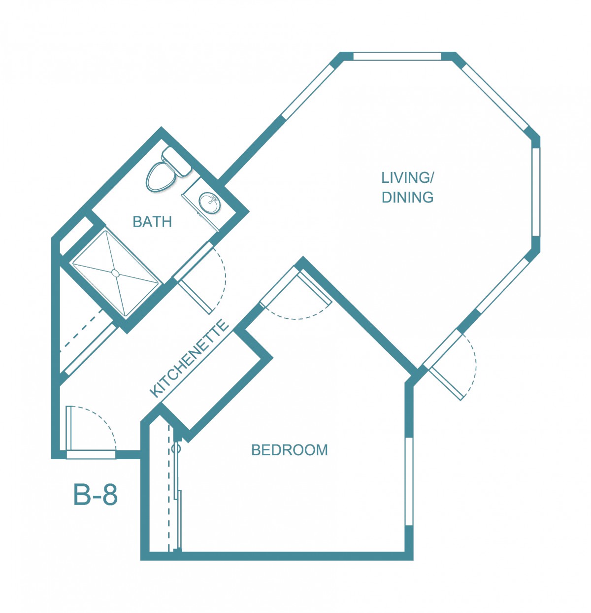 A floor plan of a one-bedroom apartment with an octagonal living/dining area and a bathroom.