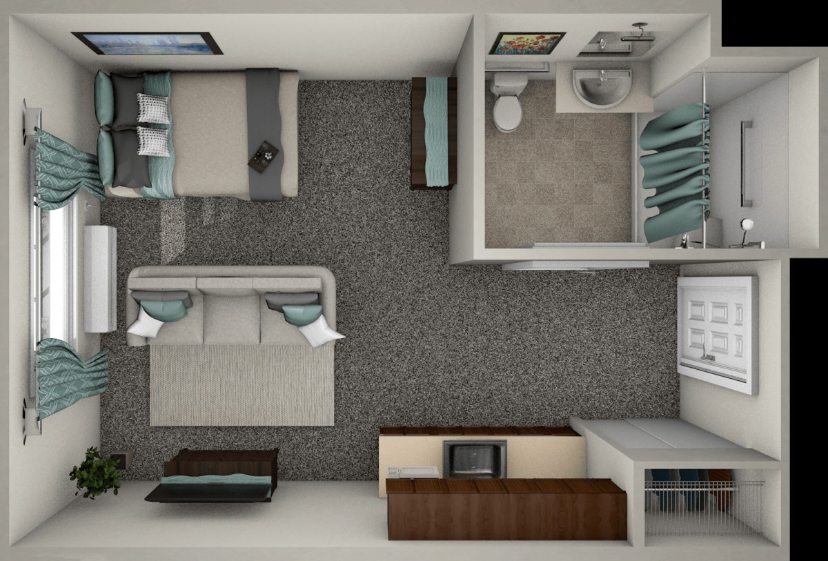 A detailed floor plan of a small apartment showing the arrangement of a bedroom, living room, and bathroom.