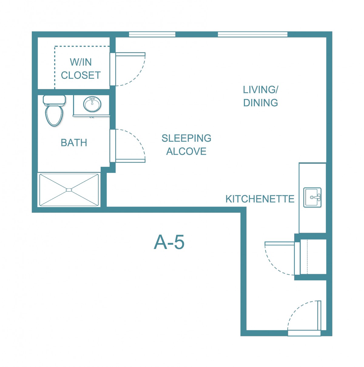 Floor plan of a studio apartment with a kitchenette, living/sleeping area, bath, and walk-in closet.