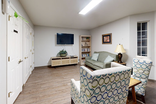 A cozy living room featuring a green sofa, a television, and decorative elements.