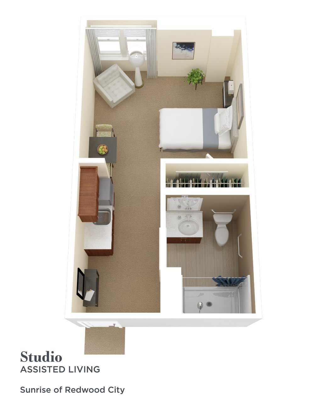 3D floor plan of a studio apartment with designated areas for living, sleeping, and cooking.