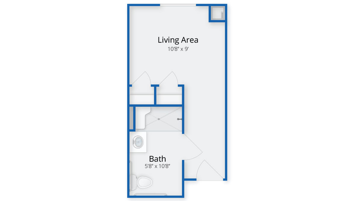 Floor plan of a studio apartment with living area and bathroom.