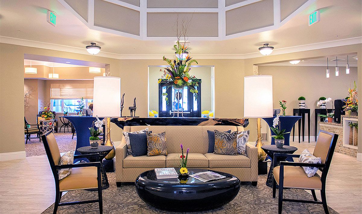 A stylish lobby with comfortable seating and elegant decor.