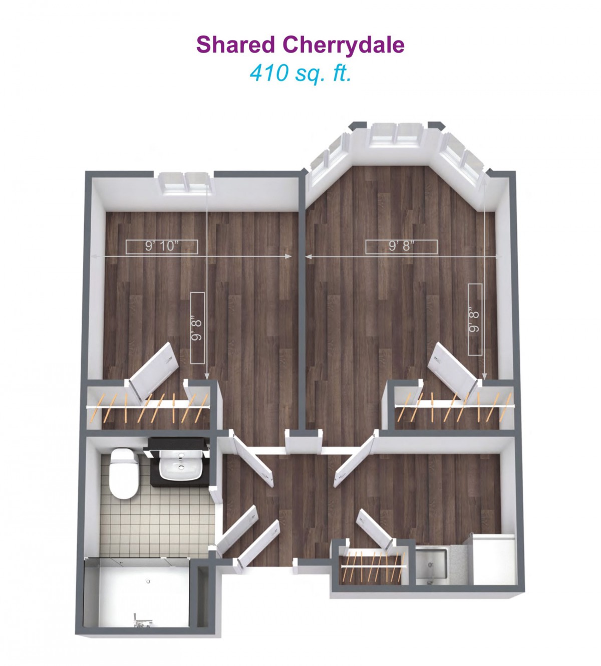 A shared Cherrydale apartment floor plan with 410 sq. ft., featuring two bedrooms and a bathroom.