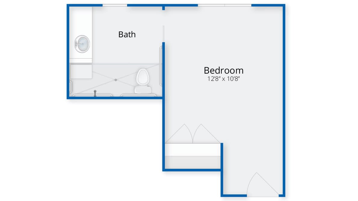 Floor plan layout featuring a bedroom and bathroom.