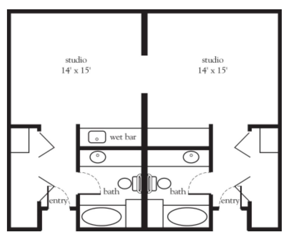 A floor plan showing two adjacent studio apartments, each with its own bathroom and living space.