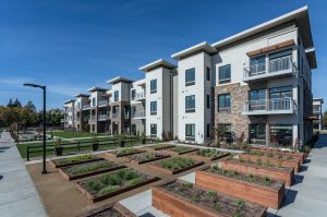 Modern apartment buildings with landscaped outdoor areas.