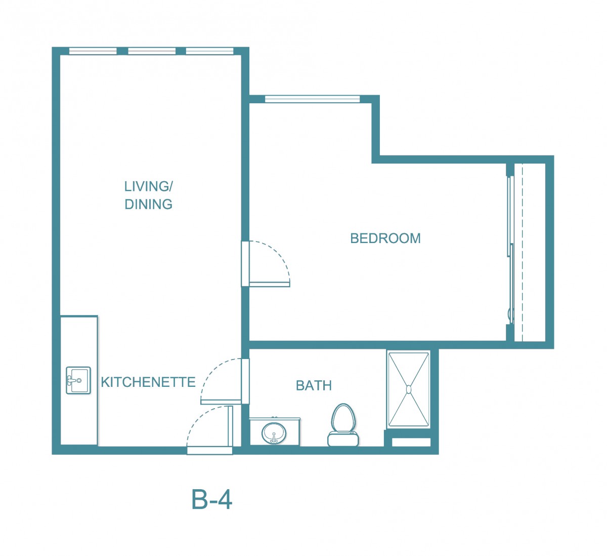 A simple floor plan of a one-bedroom apartment, featuring a living area, kitchen, and bathroom.