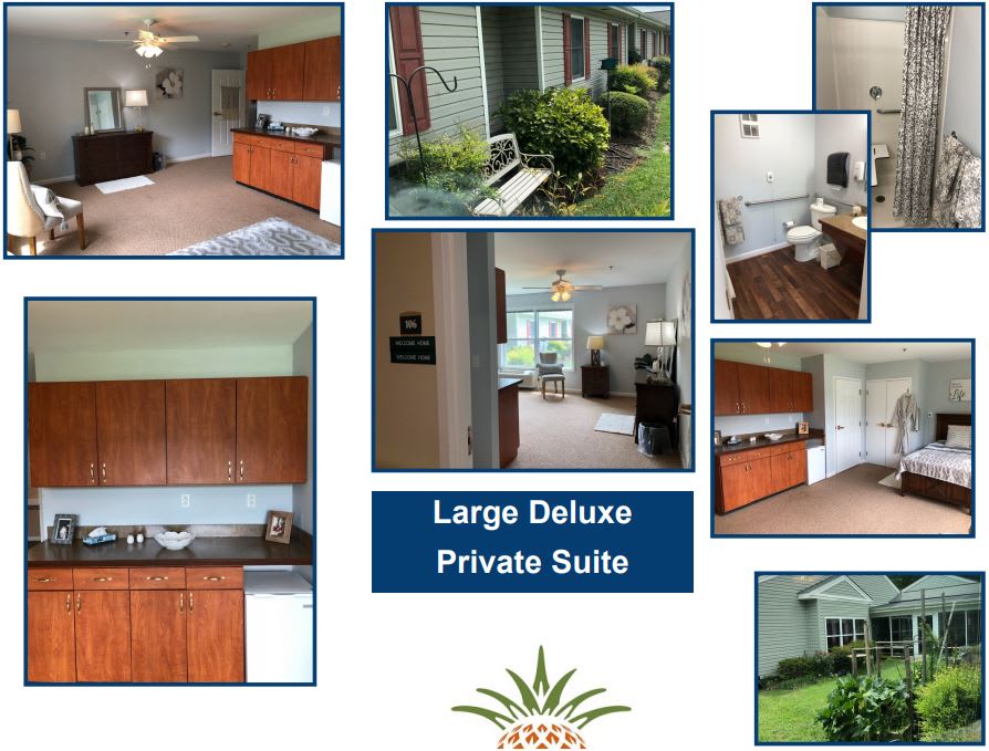 Collage of a large deluxe private suite featuring various interior rooms and the exterior view.