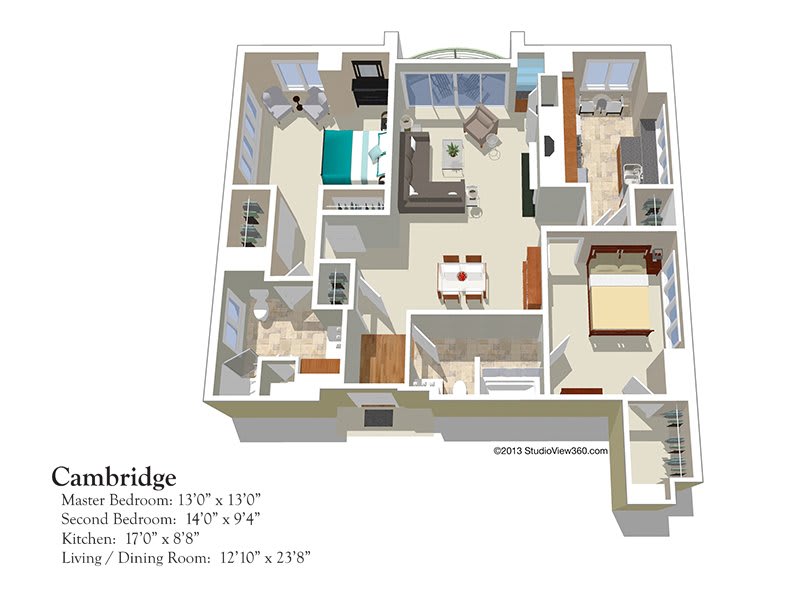 3D floor plan of an apartment with two bedrooms, living room, kitchen, and bathrooms.
