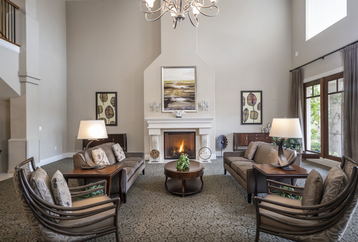 A stylish and cozy living room with a central fireplace, elegant furniture, and modern decor.