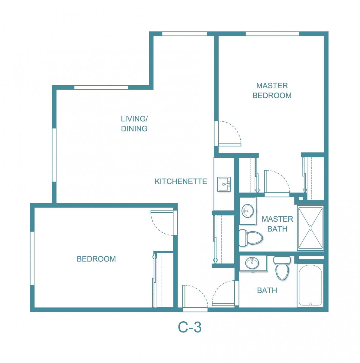 A floor plan of an apartment with a bedroom, bathroom, living room, kitchenette, and an office/bonus room.