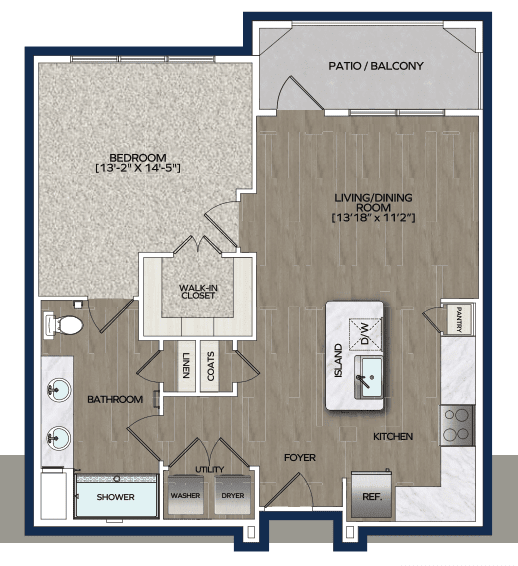 A floor plan of a one-bedroom apartment featuring a living room, kitchen, bathroom, and balcony.