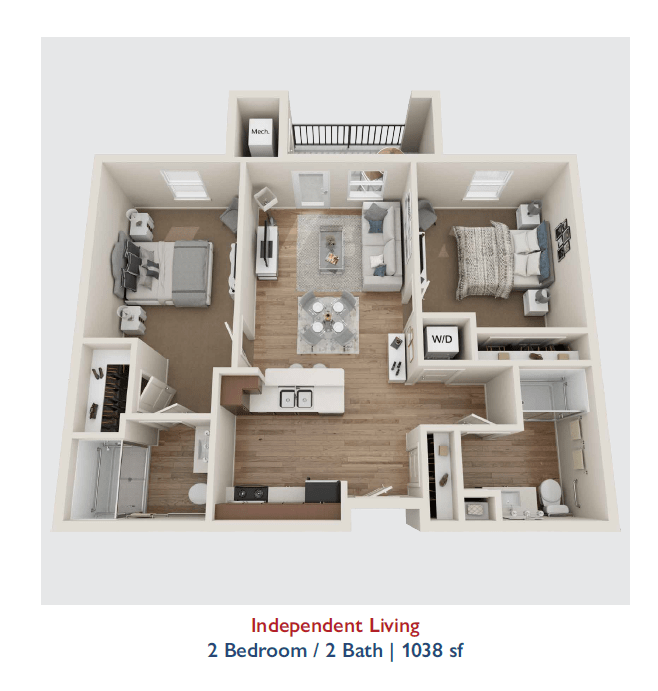 Floor plan of a 2-bedroom, 3-bathroom independent living apartment.