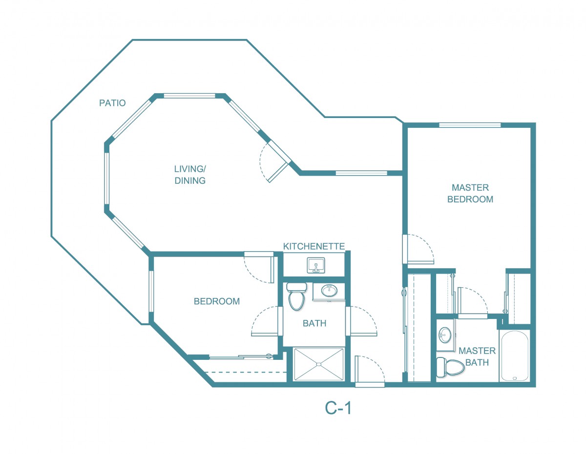 A detailed floor plan of a two-bedroom apartment with a living area and kitchen.