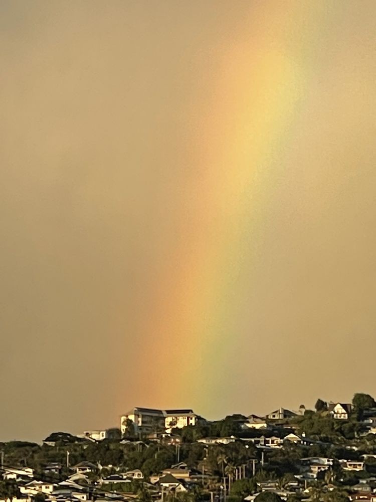 A rainbow arcs over a group of buildings under a cloudy sky.