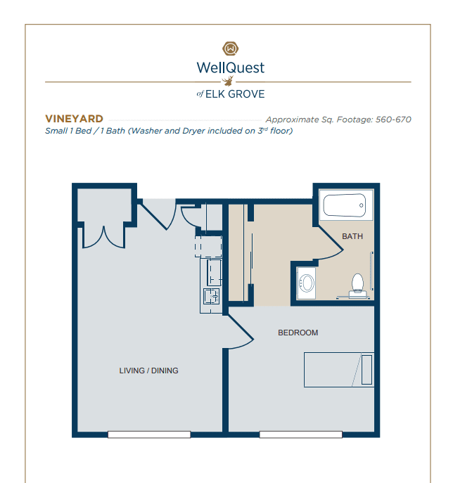 Floor plan of a one-bedroom apartment with living room, kitchen, and bathroom.