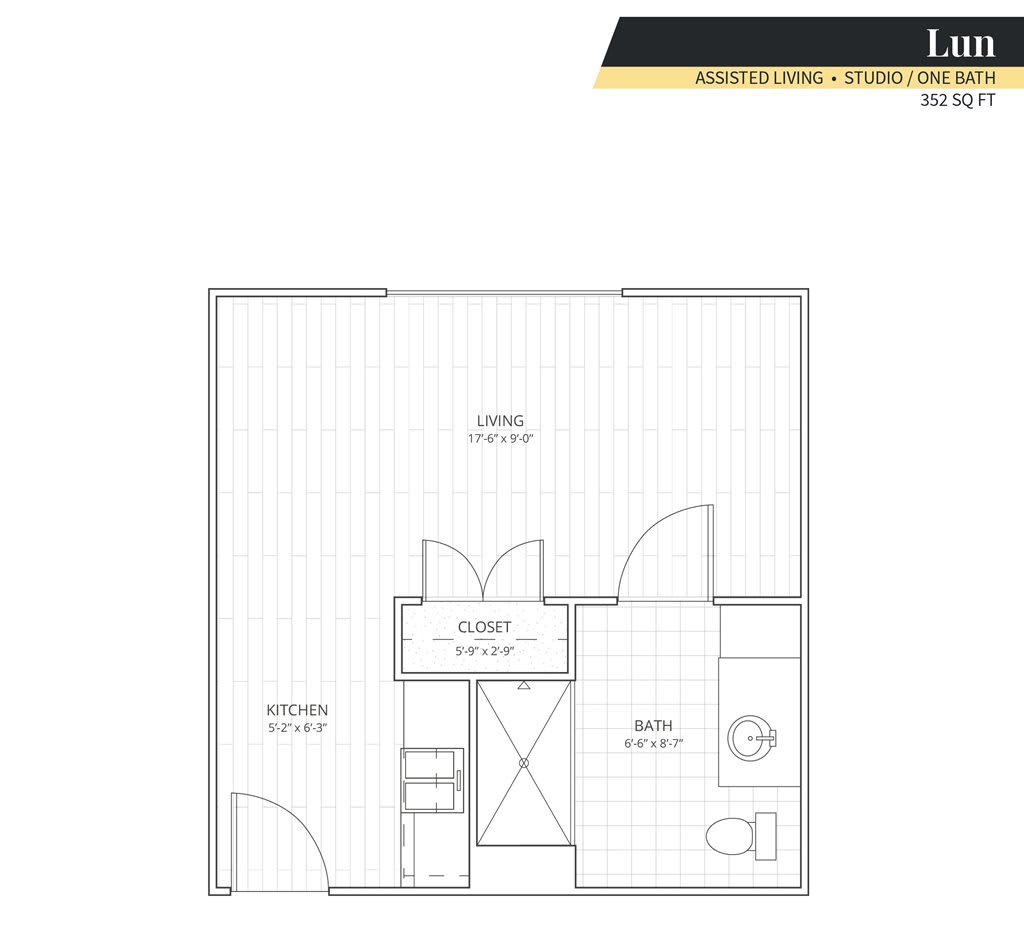 A detailed floor plan of a studio apartment featuring a living area, kitchen, and bathroom.