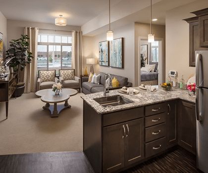 A modern open-plan living room and kitchen with stylish decor and furnishings.
