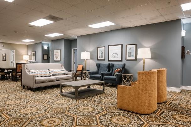 A modern lobby with comfortable seating and stylish decor.