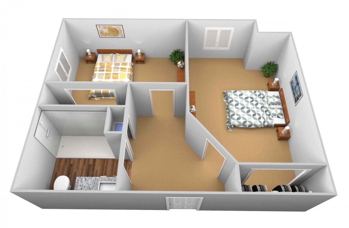 A top view of a two-bedroom apartment floor plan with detailed furniture layout.