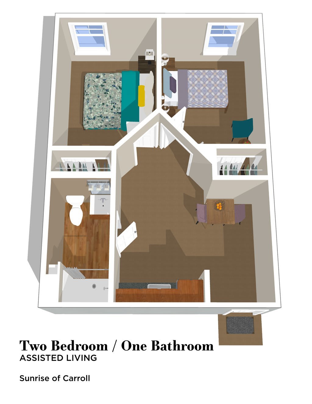 A 3D floor plan of a two-bedroom, one-bathroom apartment.