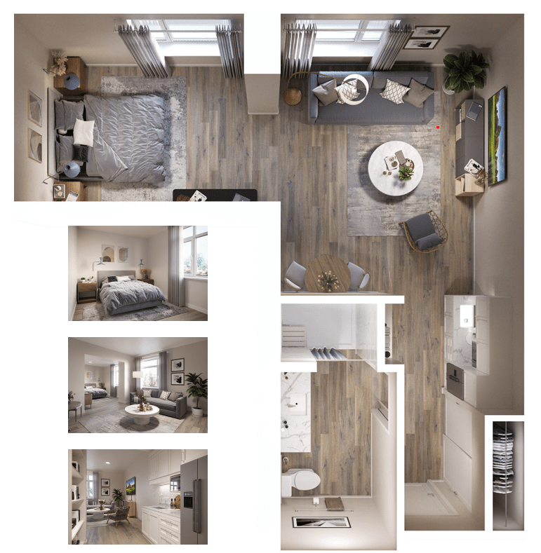 A detailed floor plan of a modern apartment, showcasing the layout of the living room, bedroom, kitchen, and bathroom.