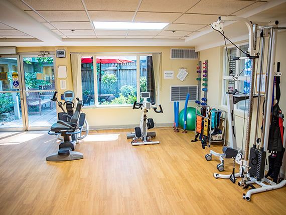 A well-equipped indoor gym with various exercise machines and equipment.