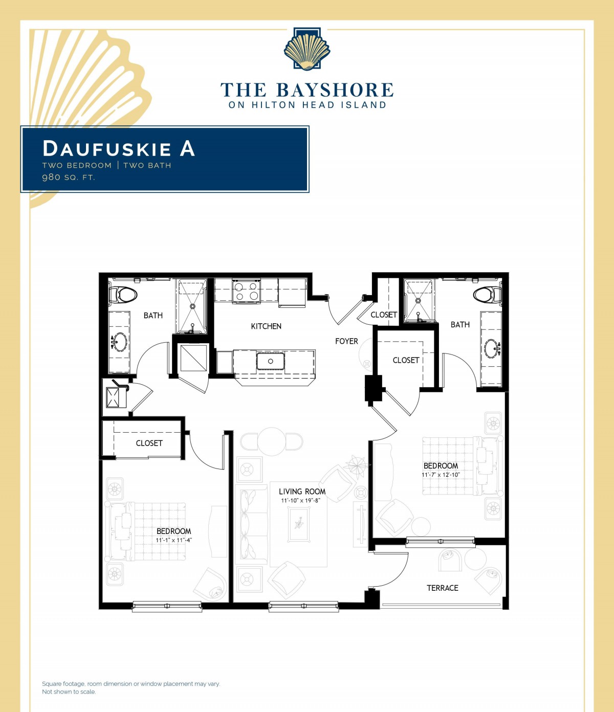 Floor plan of The Bayshore's Daufuskie A apartment layout.