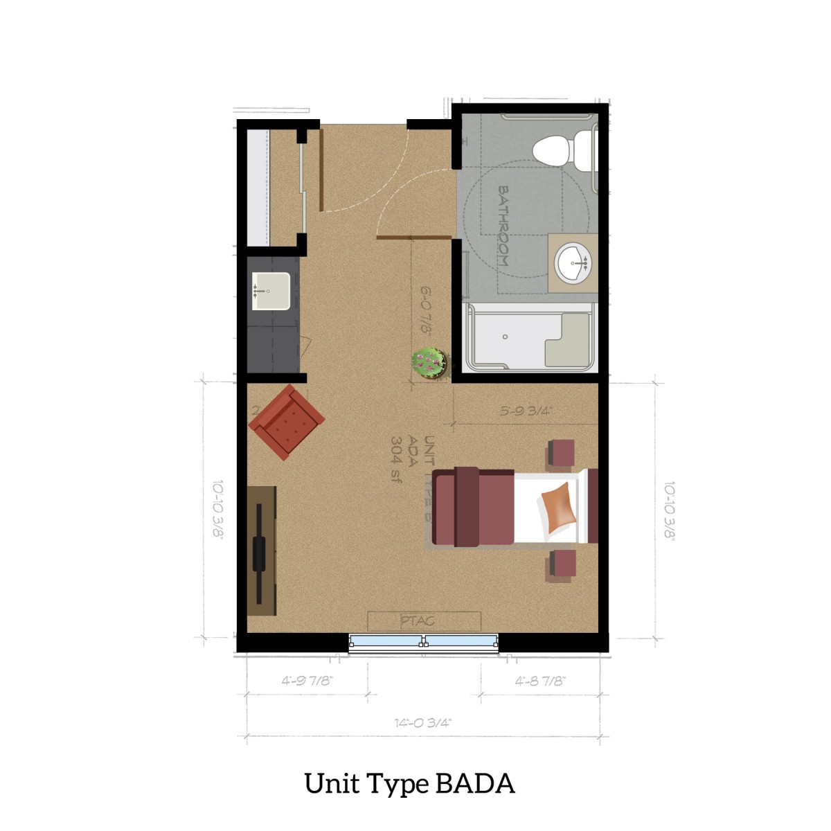 A floor plan of an apartment labeled as Unit Type BADA, featuring a bedroom, living area, and bathroom.
