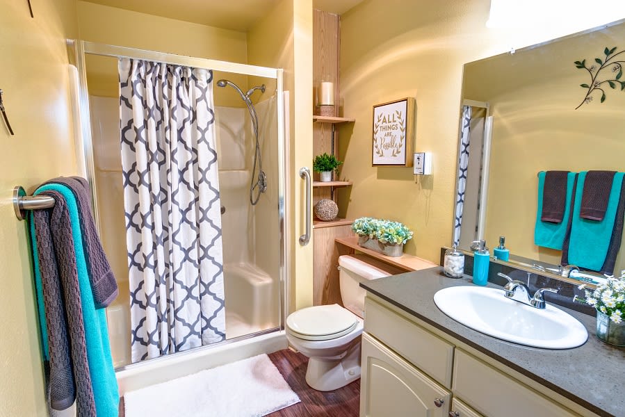 A well-decorated bathroom featuring a shower with a patterned curtain, a sink with accessories, and a toilet next to shelves.