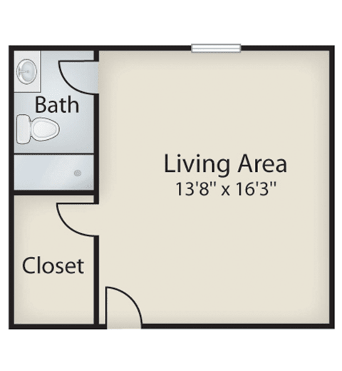A simple studio apartment floor plan featuring a living area, bathroom, and closet.