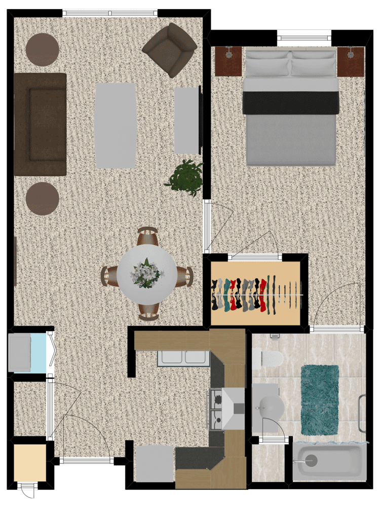 A detailed floor plan depicting an apartment layout with a living room, bedroom, kitchen, and bathroom.