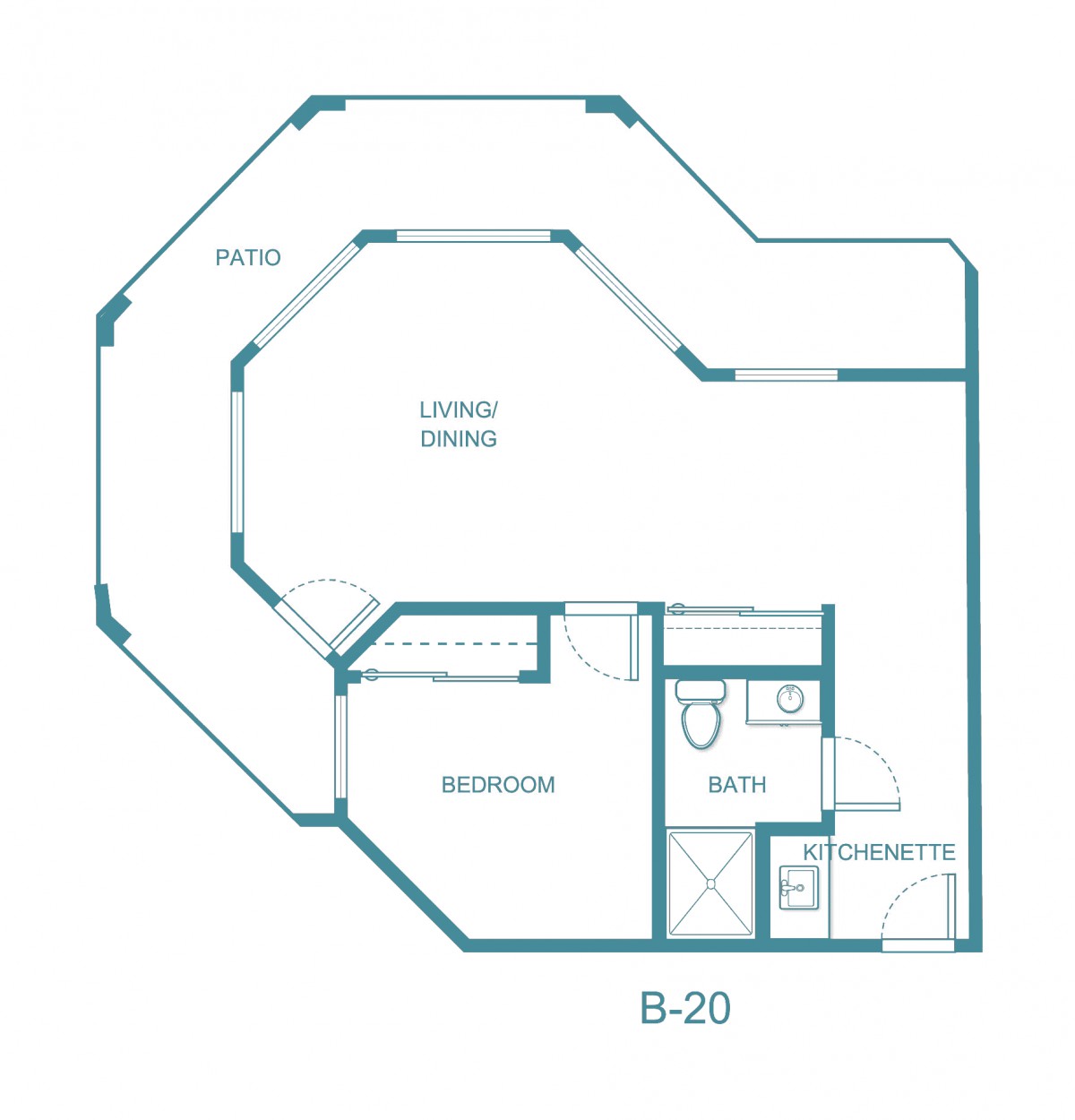Floor plan of a one-bedroom apartment with living area, kitchen, and bathroom.