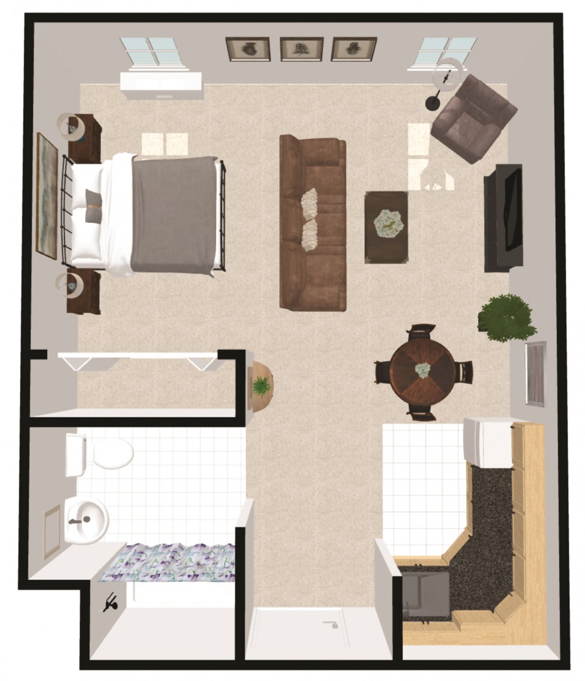 A one-bedroom apartment floor plan featuring a living room, kitchen, and bathroom.