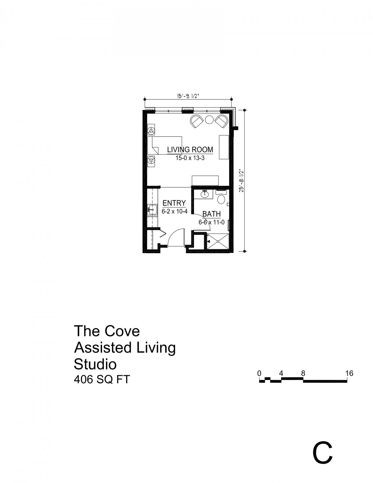 Floor plan of The Cove Assisted Living Studio, measuring 436 square feet.