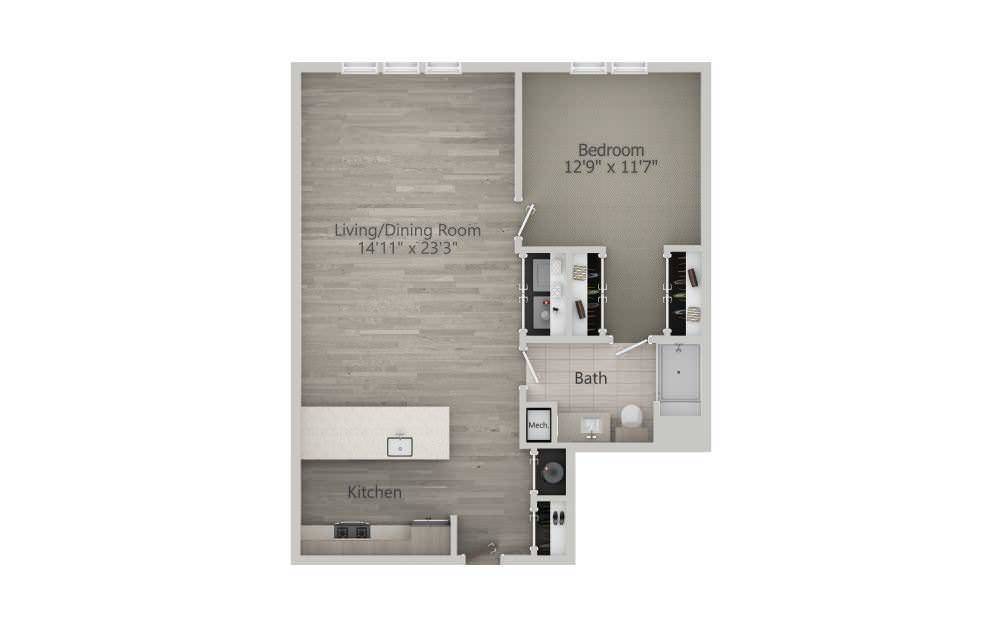 A floor plan of a one-bedroom apartment featuring a living area, kitchen, and bathroom.