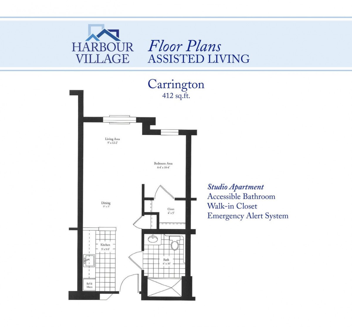 Studio apartment floor plan for assisted living at Harbour Village, featuring an accessible bathroom and emergency call system.