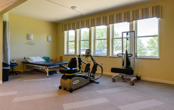 A rehabilitation room equipped with exercise machines and therapy tables, featuring large windows that allow natural light.