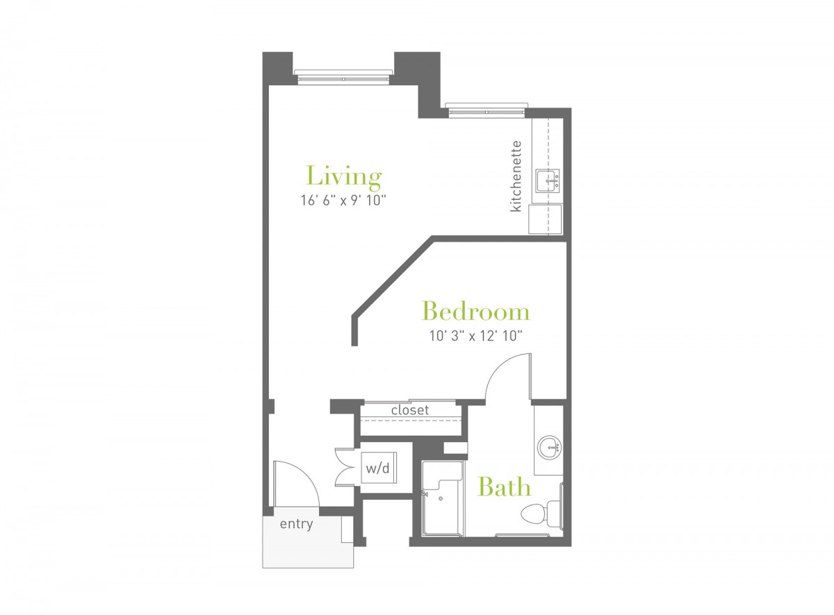A floor plan of a one-bedroom apartment with designated areas for the living room and bathroom.